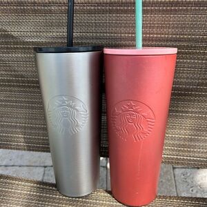 Set of 2 Starbucks 24 Oz Tumblers Holiday Pink and Silver
